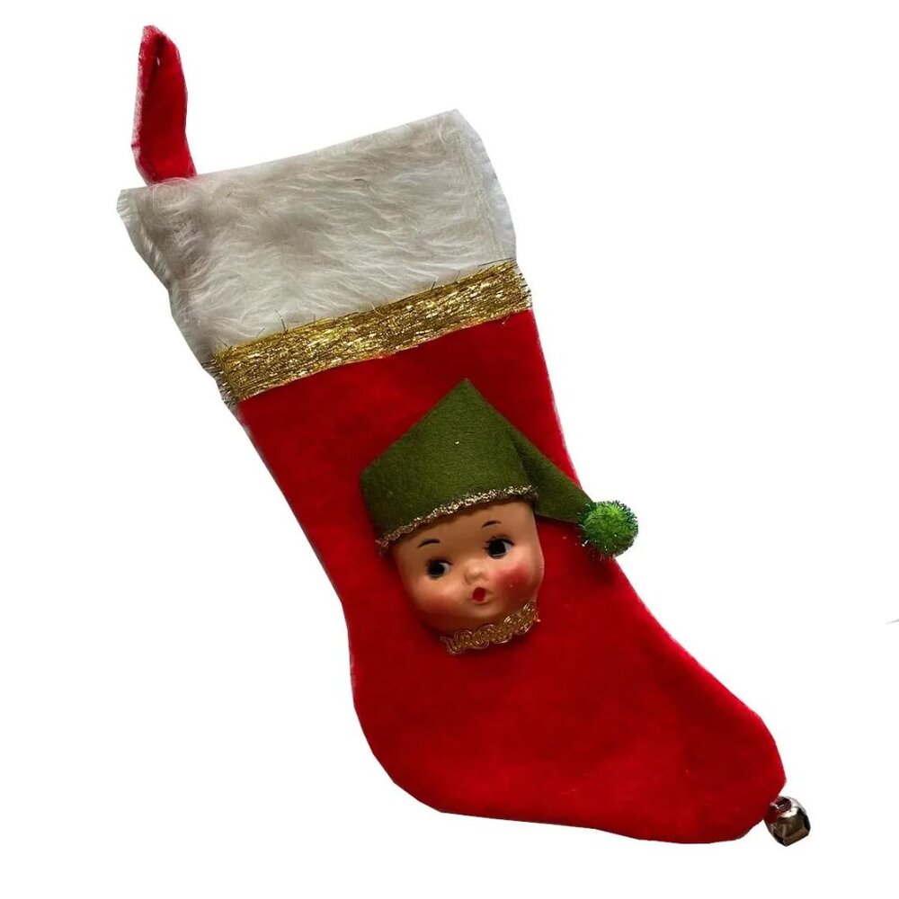 Mini Christmas Stocking with Dolly Face Holiday Decor Xmas Vintage Handmade